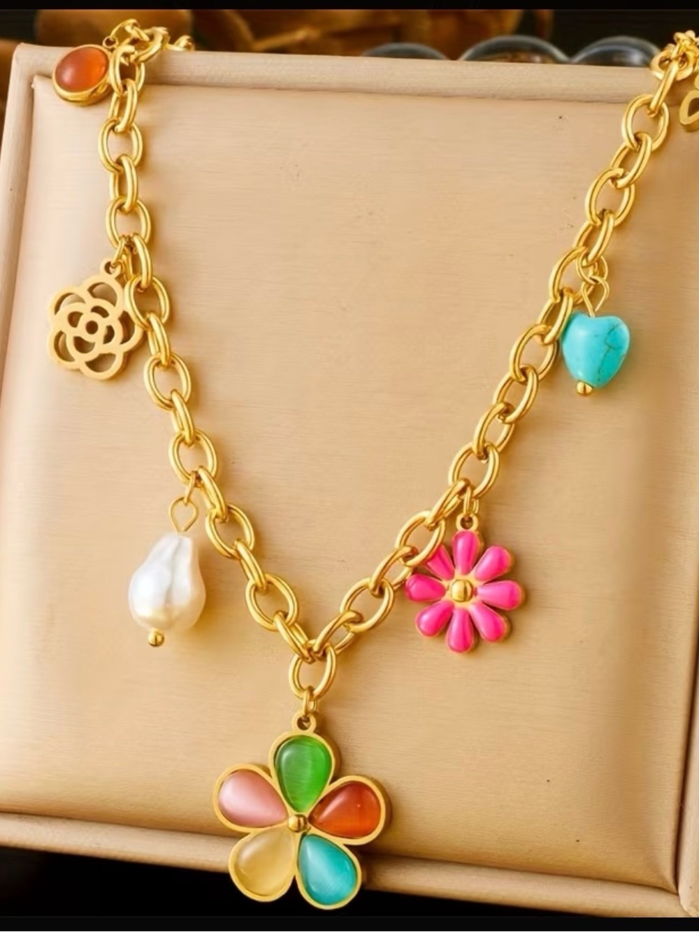 Gold Charm Necklace with Pink Flower and Multicolor Enamel Pendant